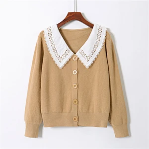 Solid color loose vintage Sweaters knit cardigans blouses turn down collar women spring autumn sweater