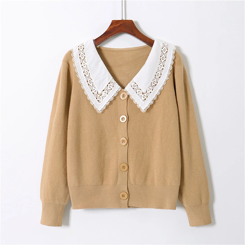 Solid color loose vintage Sweaters knit cardigans blouses turn down collar women spring autumn sweater