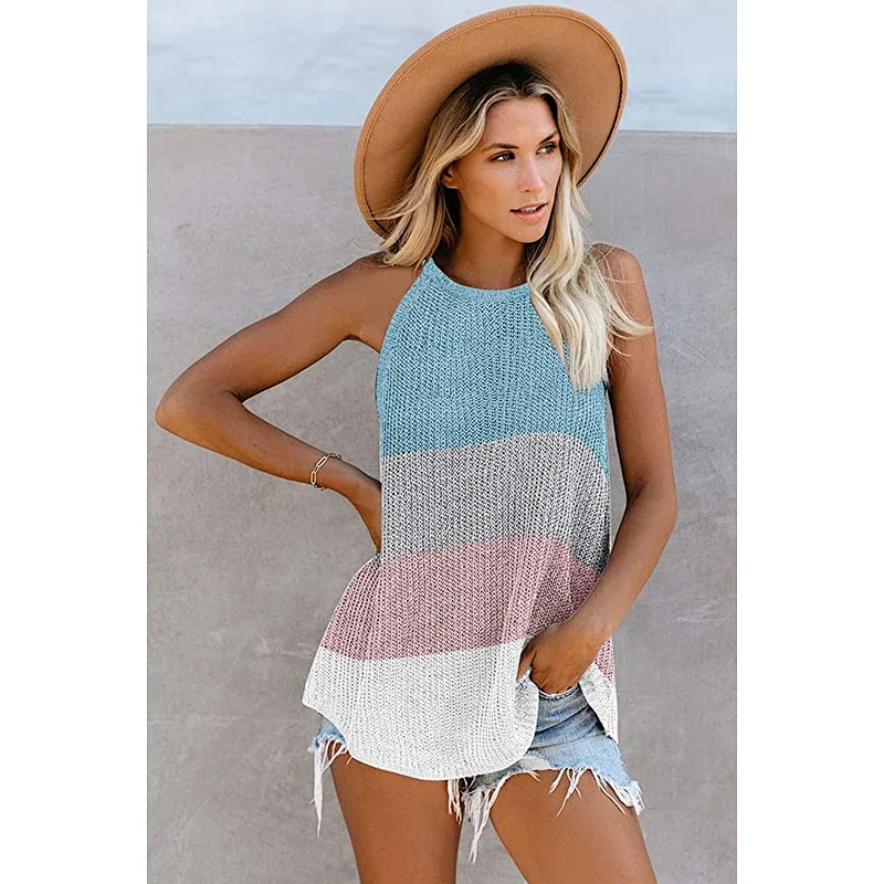 Women's color-block knitted vest halter neck round neck sleeveless knitted top shirt
