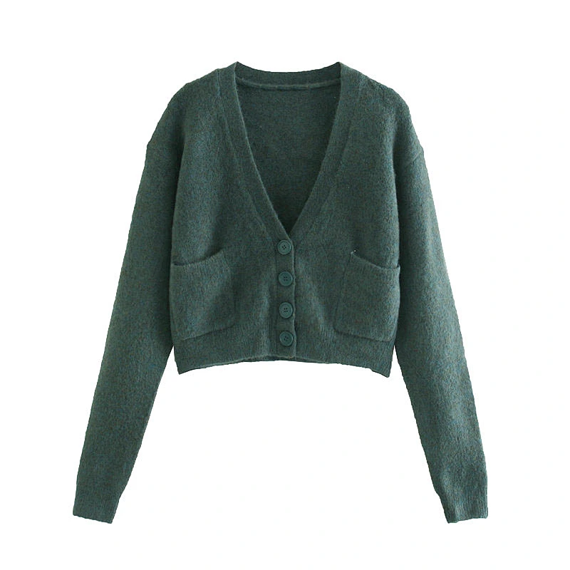 Fall Pockets plaid Cropped ladies cardigan top sweater oversized  knitted women sweater