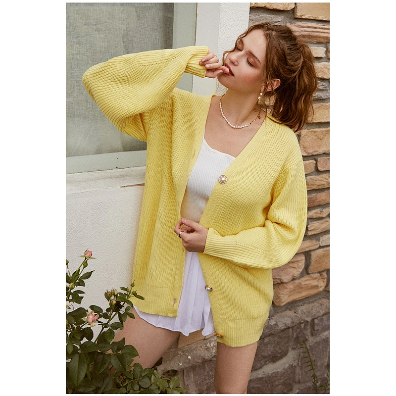 Casual knitted plus size cardigan women winter puff sleeve loose female button knitwear sweaters