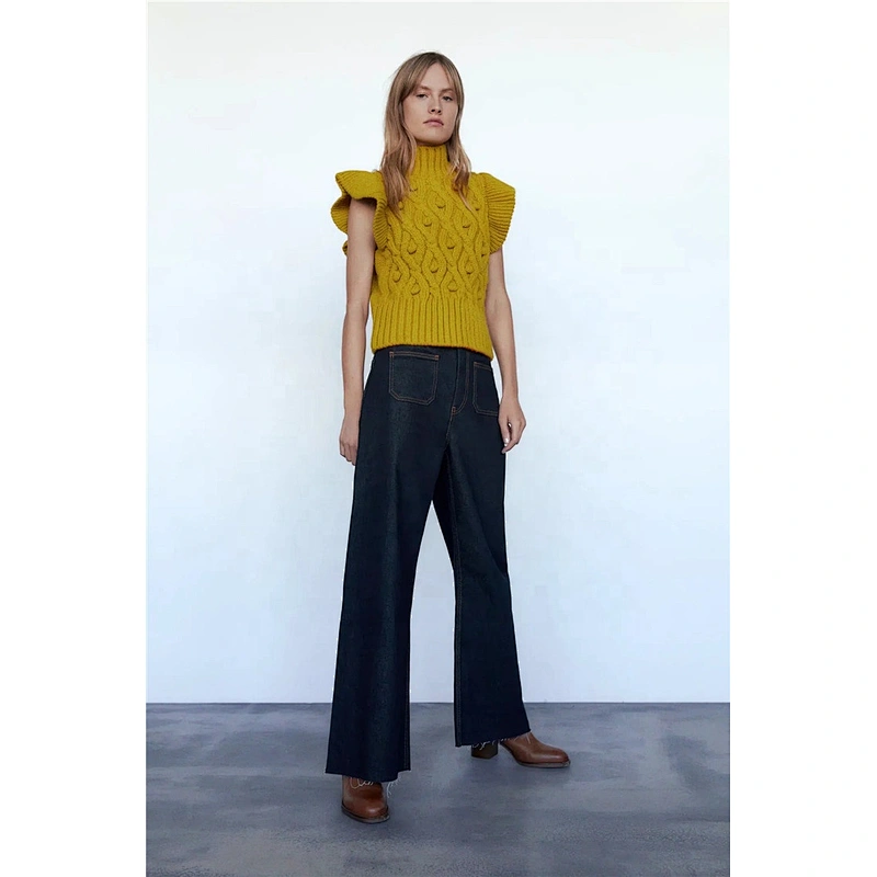 Fashion With Pompoms Ruffled women  knit sweaters cable knitting fall ladies sweater vest