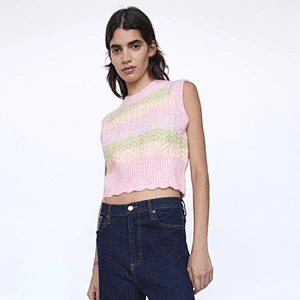 Sweet Fashion With Ribbed Trims Striped Women's Vest Sweater Vintage O Neck Sleeveless Chic Tops