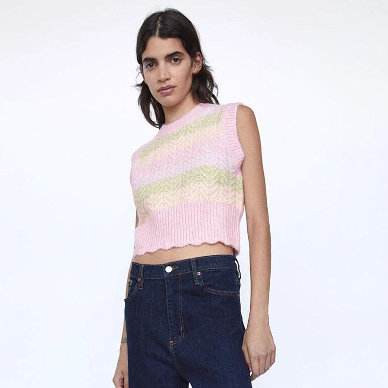 Sweet Fashion With Ribbed Trims Striped Women's Vest Sweater Vintage O Neck Sleeveless Chic Tops