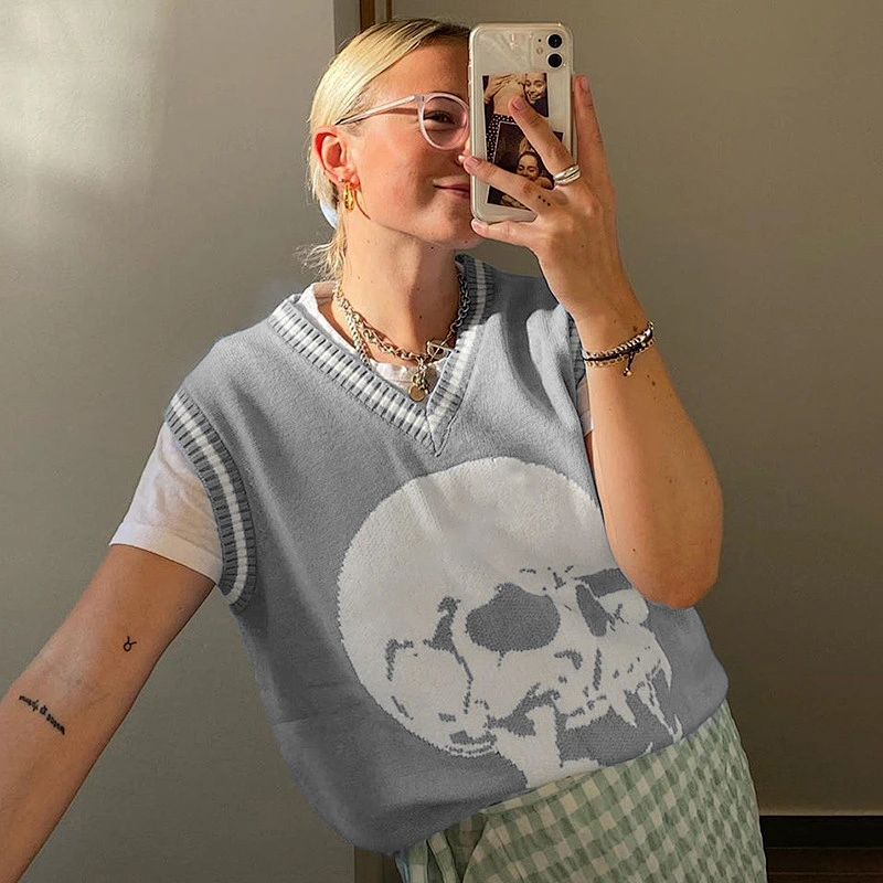 Skull print V neck loose casual sweater vest women fashion oversized women vest sweater