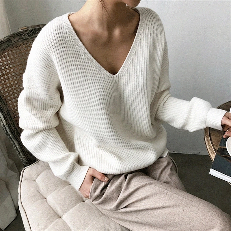 Autumn Winter Casual V Neck Women Pullover Sweater Solid Long Sleeve Loose Knitted Tops