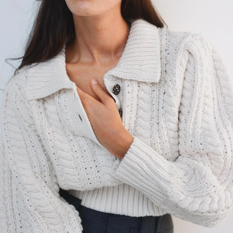 cotton cardigan for women  Lantern Sleeve sweater tops women Rhinestone Buttons Cropped Cable-Knit turtleneck sweater