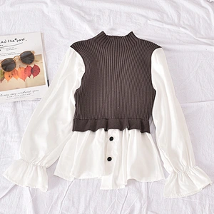 Niche knitting lotus leaf shirt sweater slim lantern long-sleeved new style women blouses