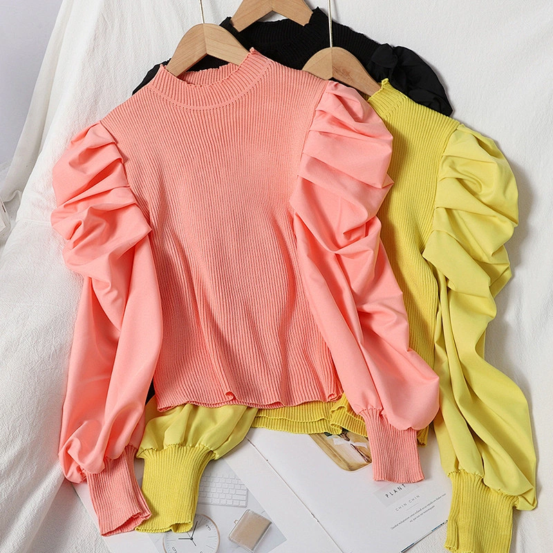 Women's knit sweater puff sleeves pullover round neck fall solid color tops blouses
