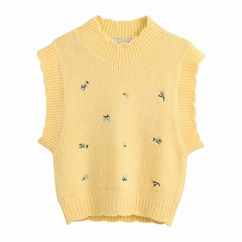 Women Sweet Fashion Floral Embroidery Knitted Vest Sweater Vintage High Neck Sleeveless Female Tops