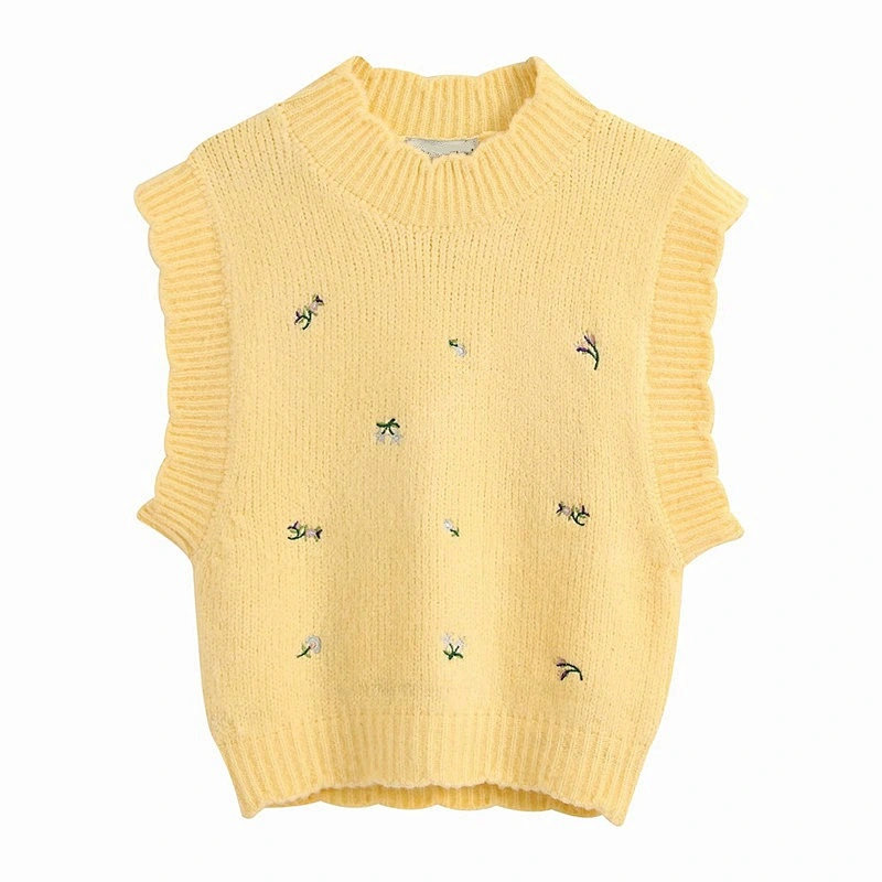 Women Sweet Fashion Floral Embroidery Knitted Vest Sweater Vintage High Neck Sleeveless Female Tops