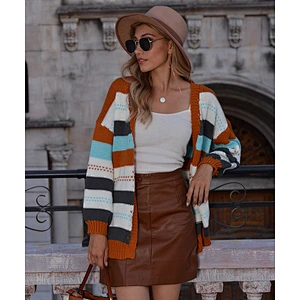 Lazy style women's clothes loose color blocking striped women casual winter sweater cardigan