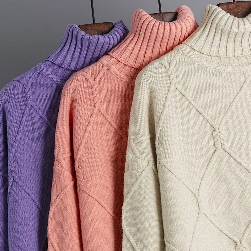 High neck fashion new turtleneck warm sweater loose pullover plus size knit sweater for women