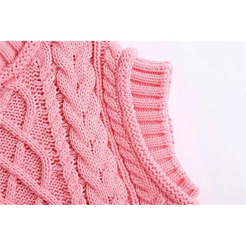 Sweet Fashion CabLe Knitted Cropped Women Vest Sweater High Neck Sleeveless Tops