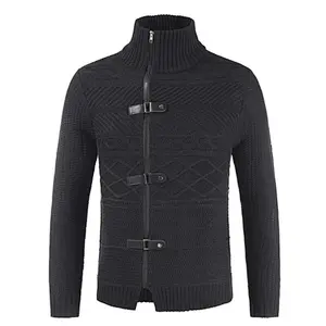 New Knitted Coatdigan Leather Button Neck Long Sleeve Cardigan Men Sweaters
