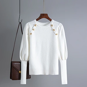 Solid color retro outfit Ruched sleeve round neck women knitted button sweater tops  blouses knitted basic sweaters