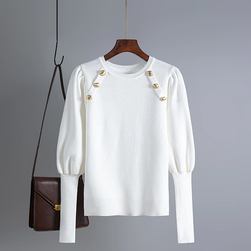 Solid color retro outfit Ruched sleeve round neck women knitted button sweater tops  blouses knitted basic sweaters