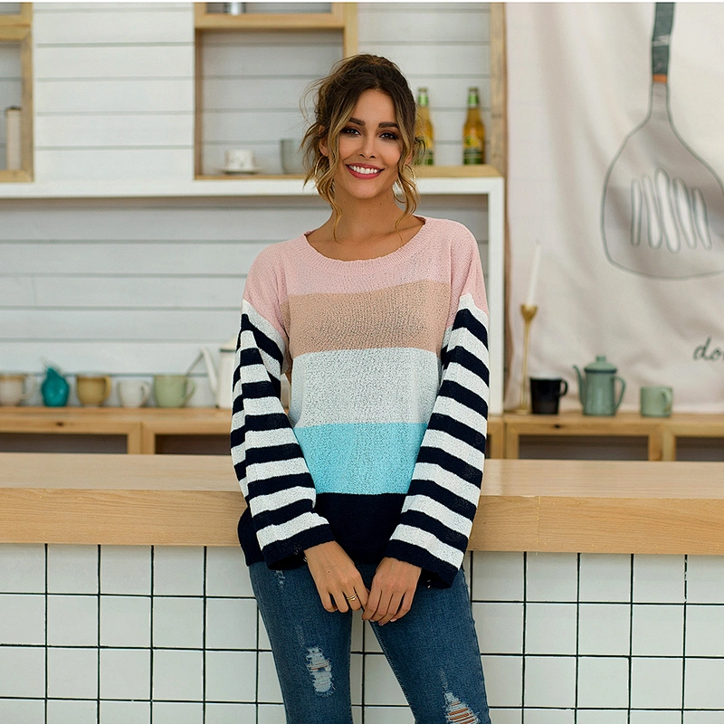 2020 Wholesale Custom Hot Selling New Fashion Striped Color Blocking Pullovers Summer Casual Clothes Women Sweater