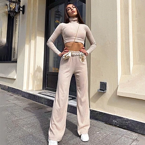 Fashion high necked pants sexy 2 piece corset sweater set women solid color slim sportswear