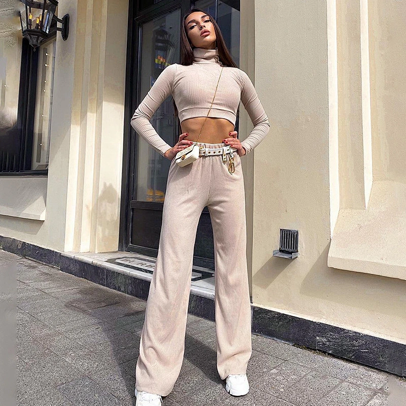 Fashion high necked pants sexy 2 piece corset sweater set women solid color slim sportswear