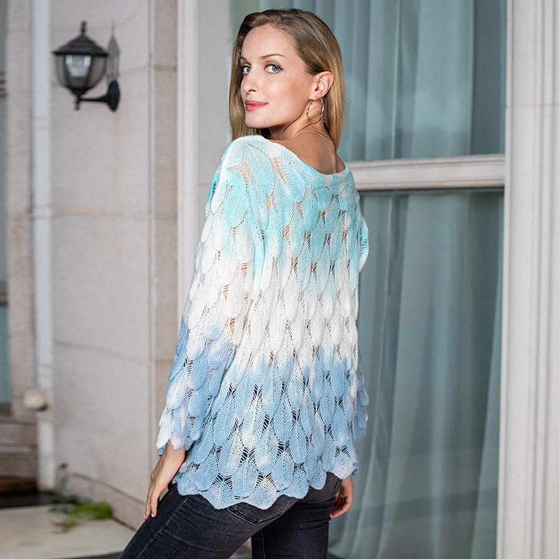 Women's feather pattern hollow thin knitwear flared sleeve tie-dye knitted sweater for women