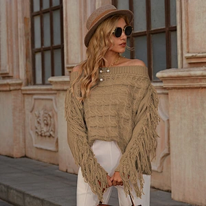 Christmas New Pullover Knitwear Sweater Neck Leaked Shoulder Women Tassel Short Red Knit Sweaters