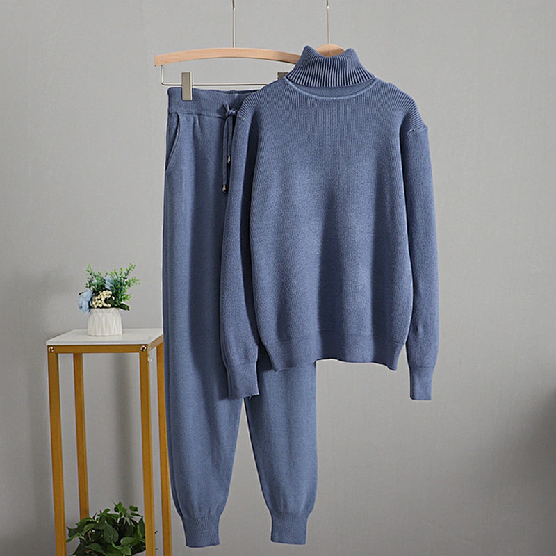 Winter Knit Sport sweater and jogger set Outfits Warm Turtleneck 2pc Women sweater sets