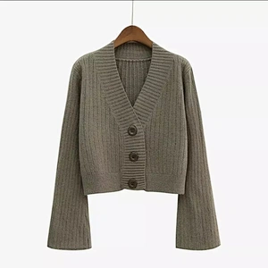 Autumn Flare Sleeve Cardigan Short Sweater Women Cotton Tops Ladies Soft Knitwear apparel stock