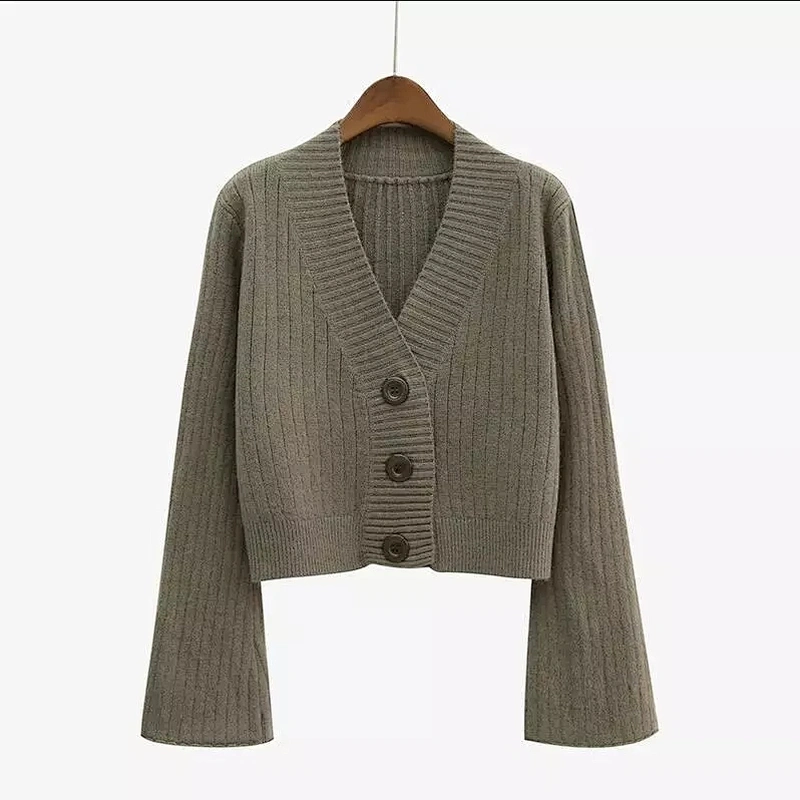 Autumn Flare Sleeve Cardigan Short Sweater Women Cotton Tops Ladies Soft Knitwear apparel stock