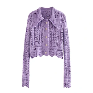 Knitted Cardigan Women Purple Green Sweater Hollow Long sleeve V neck Blouses