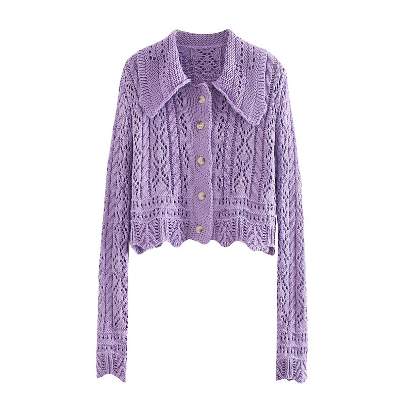 Knitted Cardigan Women Purple Green Sweater Hollow Long sleeve V neck Blouses