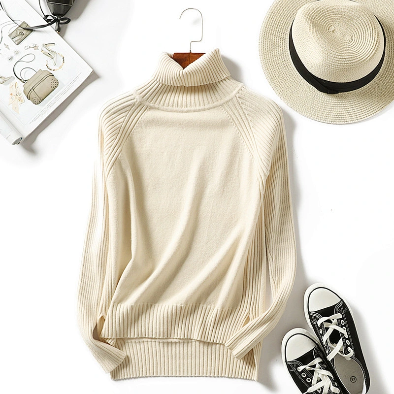 Thick 12GG women pullover long sleeve knitwear turtleneck side slit casual sweater
