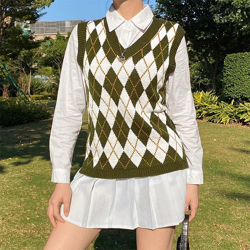 V neck wool knitted jacquard knitwear blouses diamond autumn women sweater vest