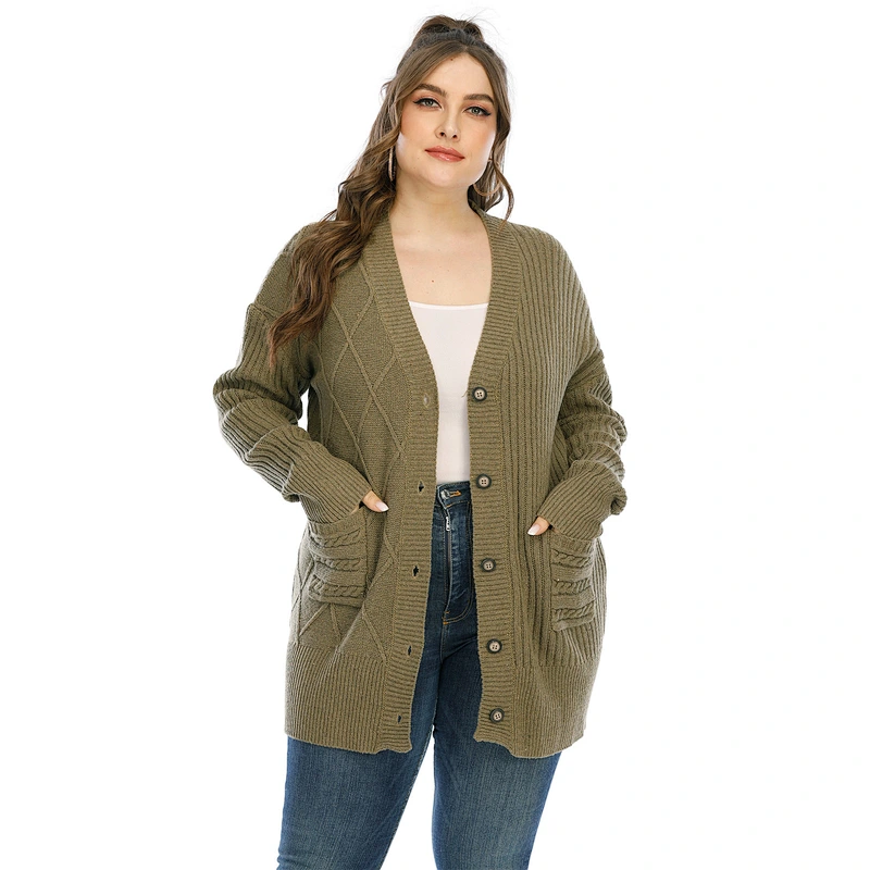 Fall thickened pocket jacket button fashion plus size sweater cardigan for women