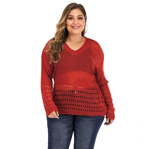 Plus size women solid color V-neck thin sexy hollow long-sleeved pullover sweaters