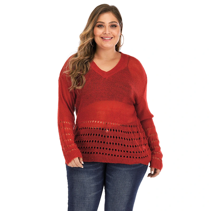 Plus size women solid color V-neck thin sexy hollow long-sleeved pullover sweaters