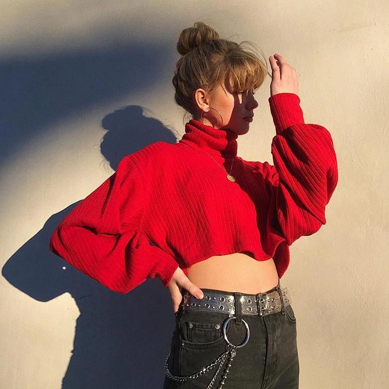 Winter fashion long sleeve high neck casual girl crop sweater for women