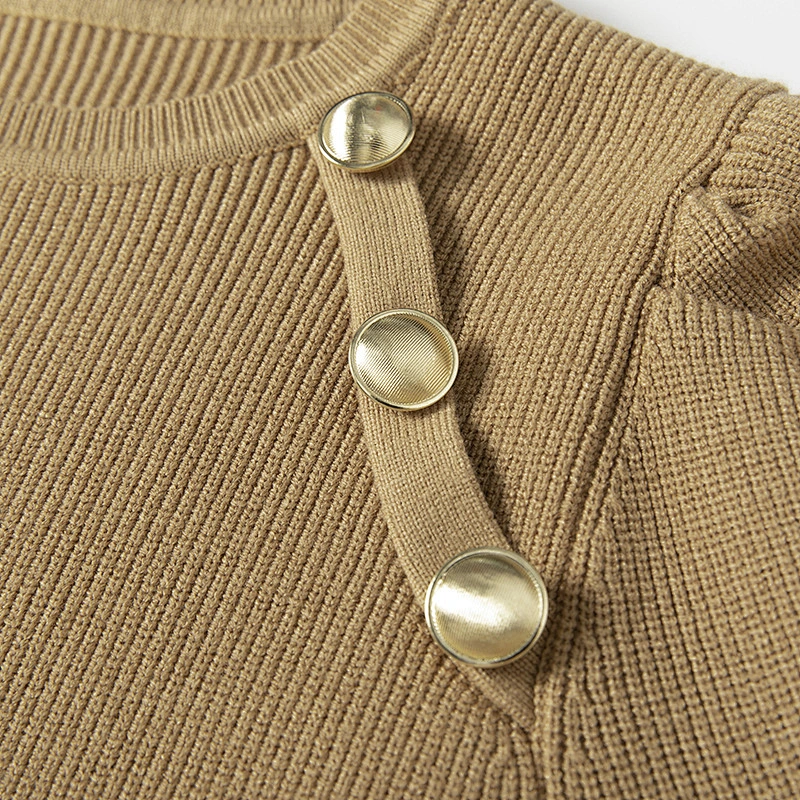 Solid color retro outfit Ruched sleeve round neck women knitted button sweater tops  blouses knitted basic sweaters