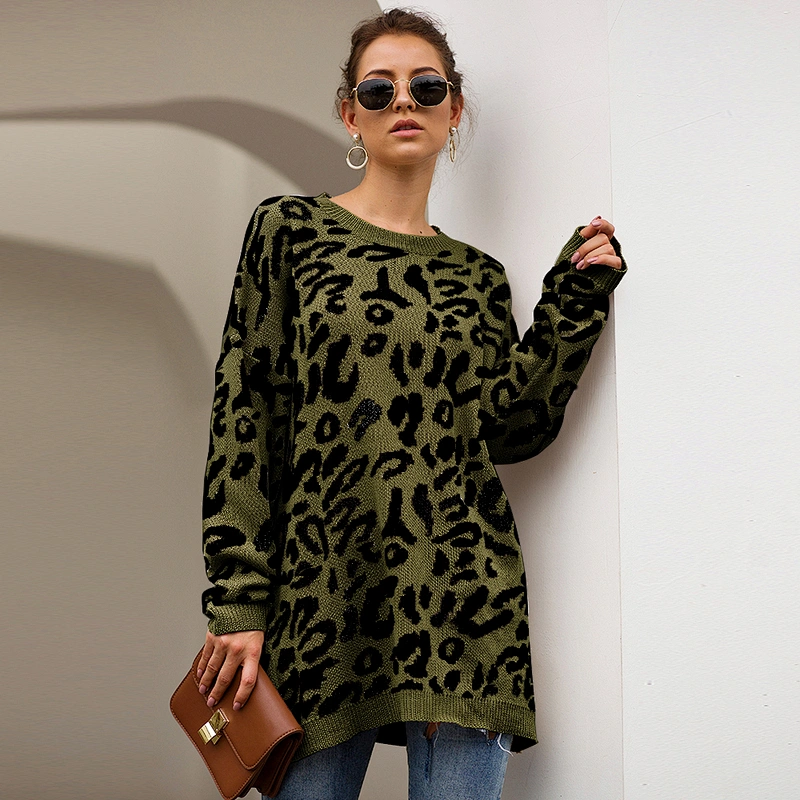 New arrival Leopard round neck pullovers winter fashion Casual Print Knit Long Sleeve clothes women sweater