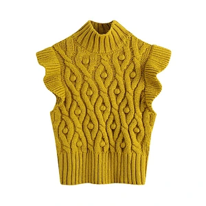 Fashion With Pompoms Ruffled women  knit sweaters cable knitting fall ladies sweater vest