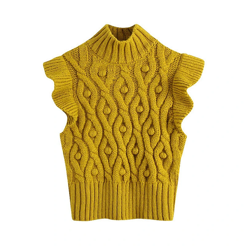 Fashion With Pompoms Ruffled women  knit sweaters cable knitting fall ladies sweater vest
