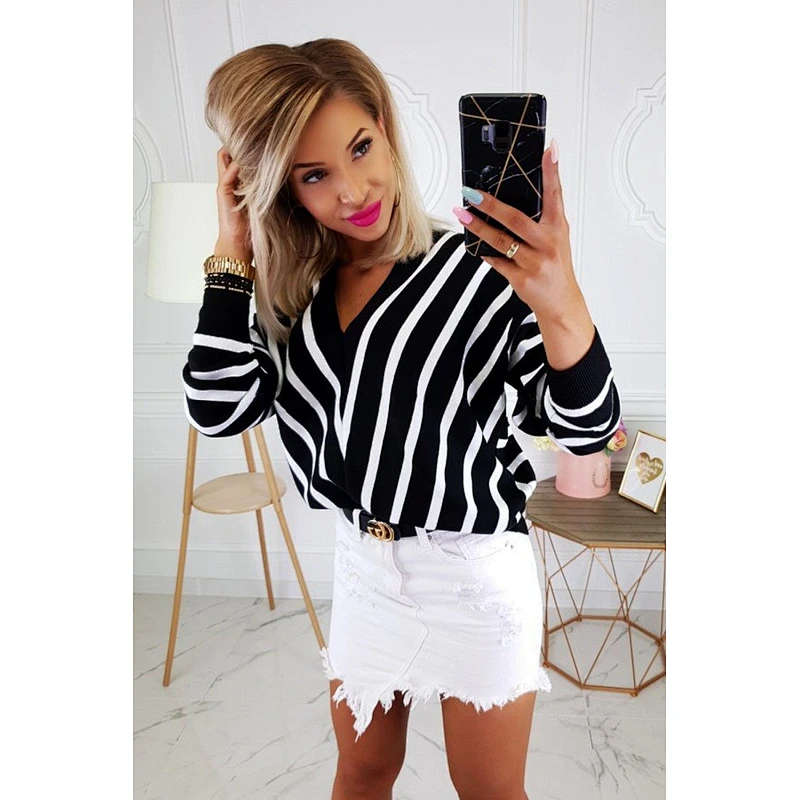 Women clothing autumn casual plus size sweater V-neck stripe knit sweater ropa de mujer