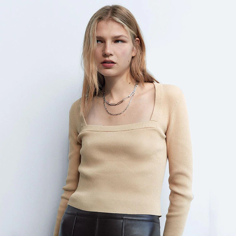 Stretch Slim Cropped sweater tops women party Vintage Square Collar sexy sweaters for women