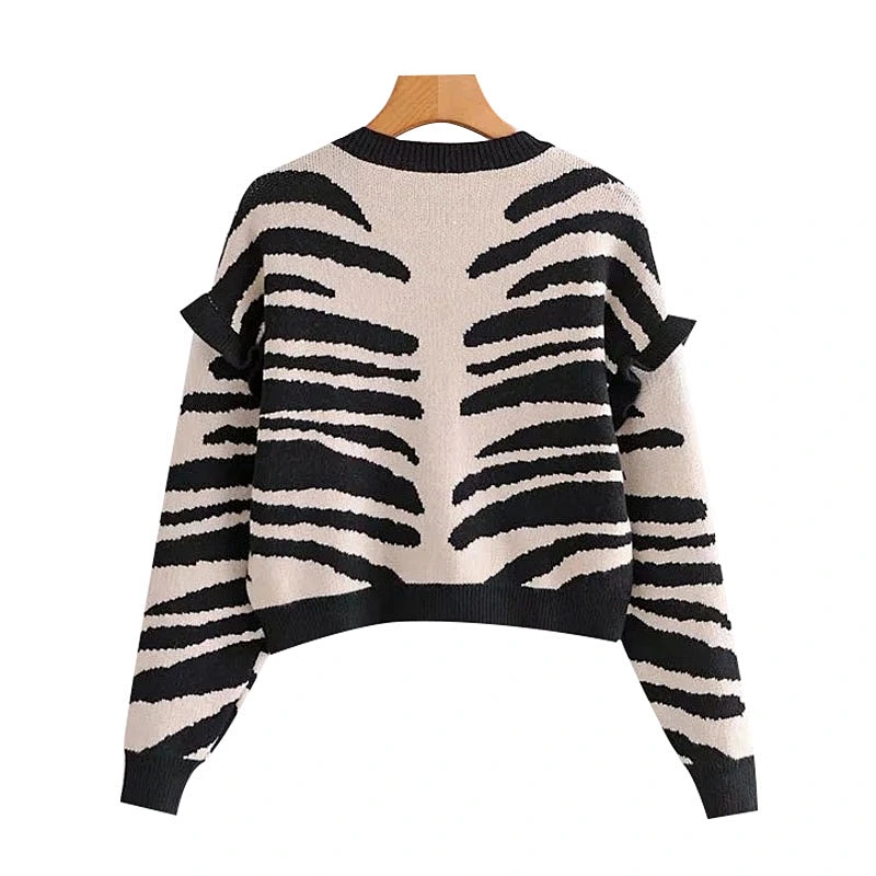 Zebra Print Ruffled Cropped knitted sweater cardigan custom women ladies girls knit sweaters