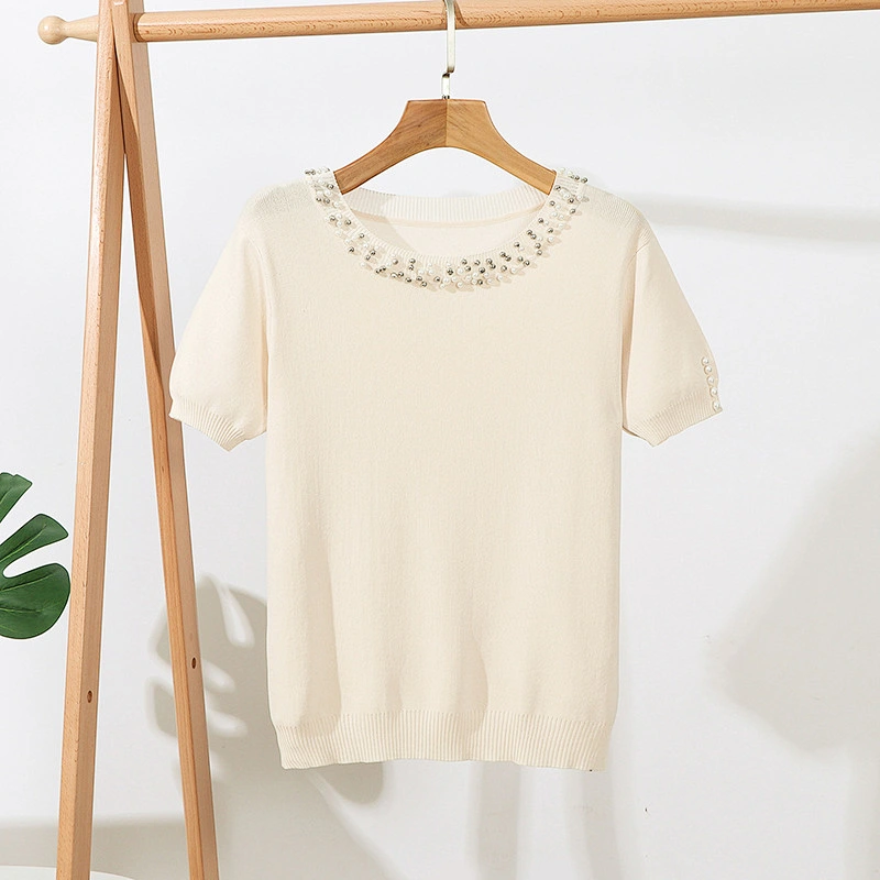 Summer solid color top blouse ladies beaded short sleeve loose round neck pullover knitwear women plus size t shirt
