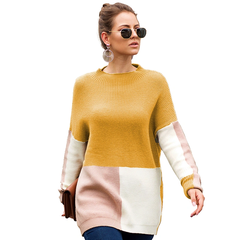 Western style new high quality women splice color sweater top autumn long sleeve polyester/cotton casual sweaters