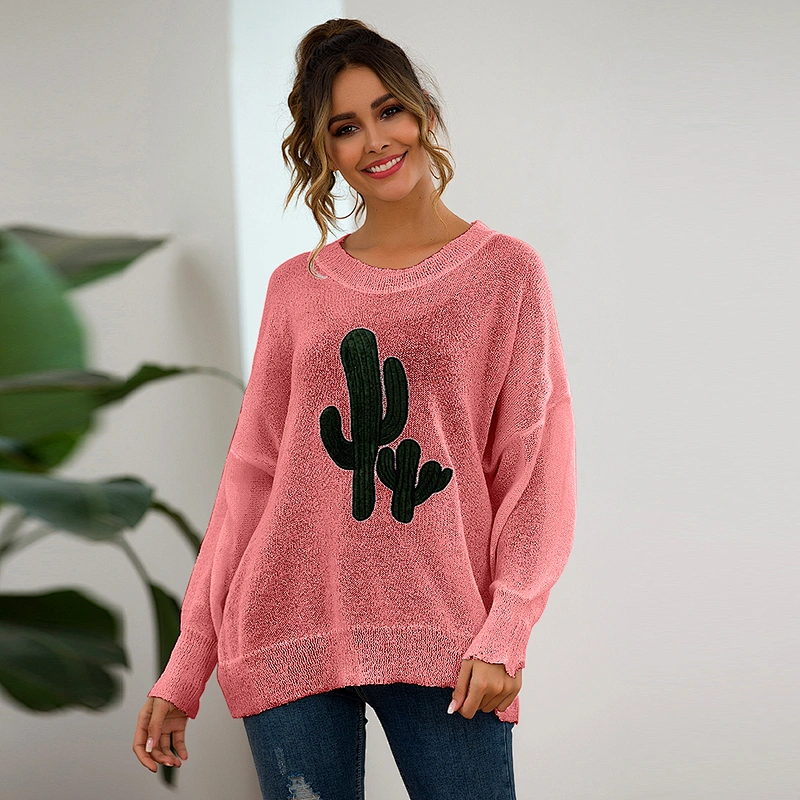 New style fashionable soild color round neck long sleeve pullovers cactus pattern casual clothes women sweater