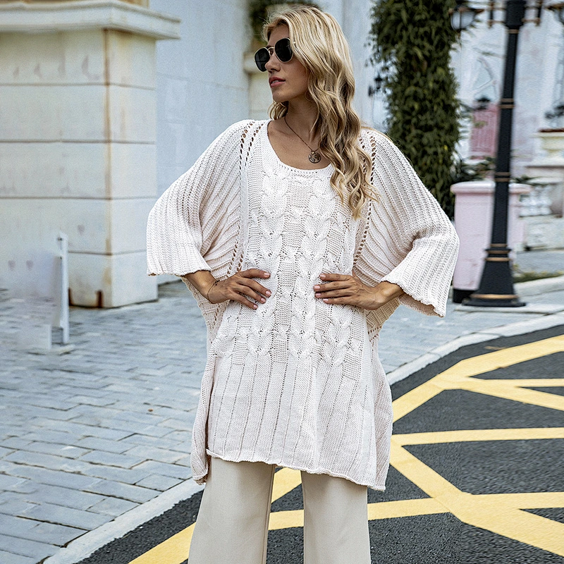 New Round Neck Mid Sleeve Pullover Jumper Loose Knit Long Plus Size Women Sweaters