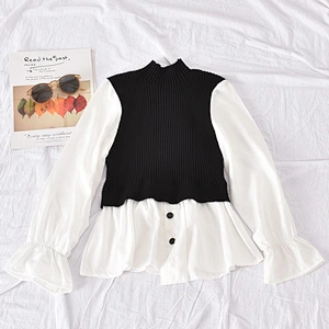 Niche knitting lotus leaf shirt sweater slim lantern long-sleeved new style women blouses