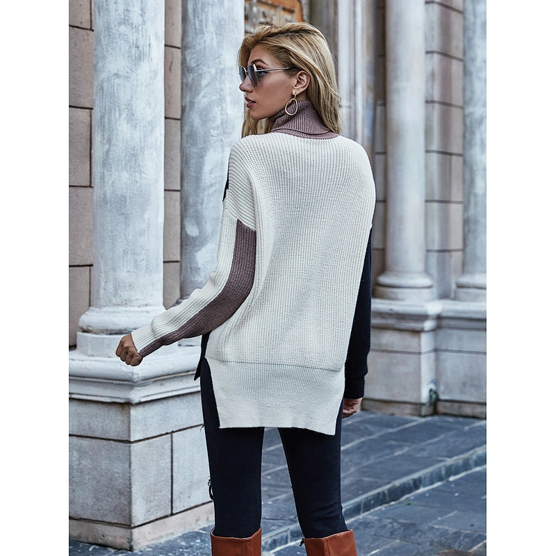 Women turtleneck sweater color block twist pattern custom knit sweater casual apparel stock
